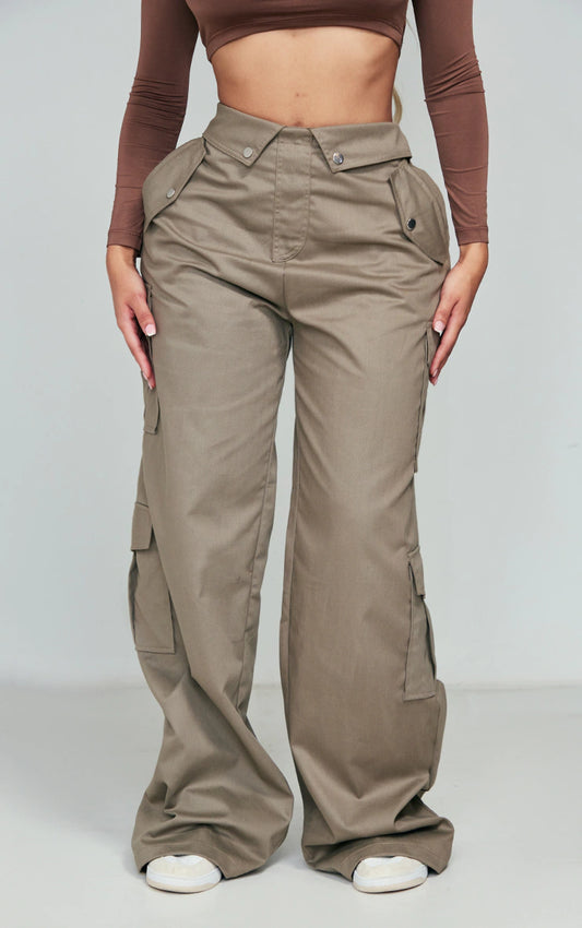 Shape Khaki Cargo Fold Waistband Pocket Detail Pants