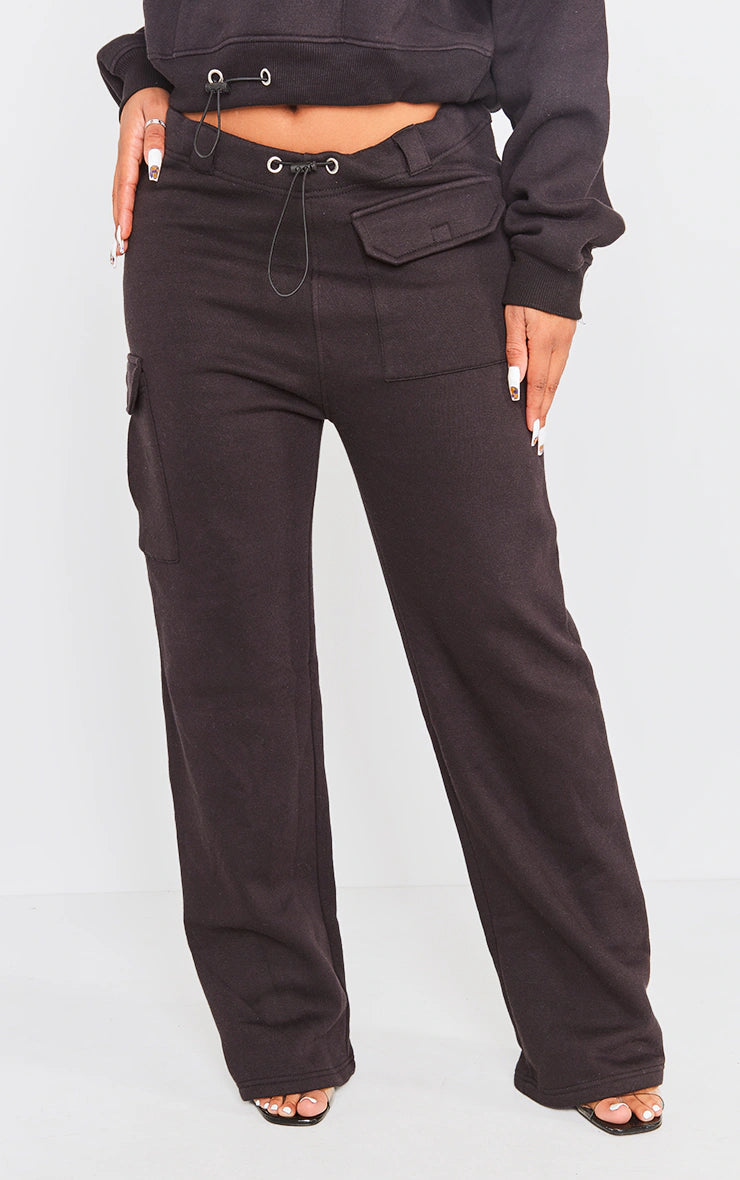 SHAPE BLACK TOGGLE WAIST POCKET DETAIL WIDE LEG SWEATPANTS