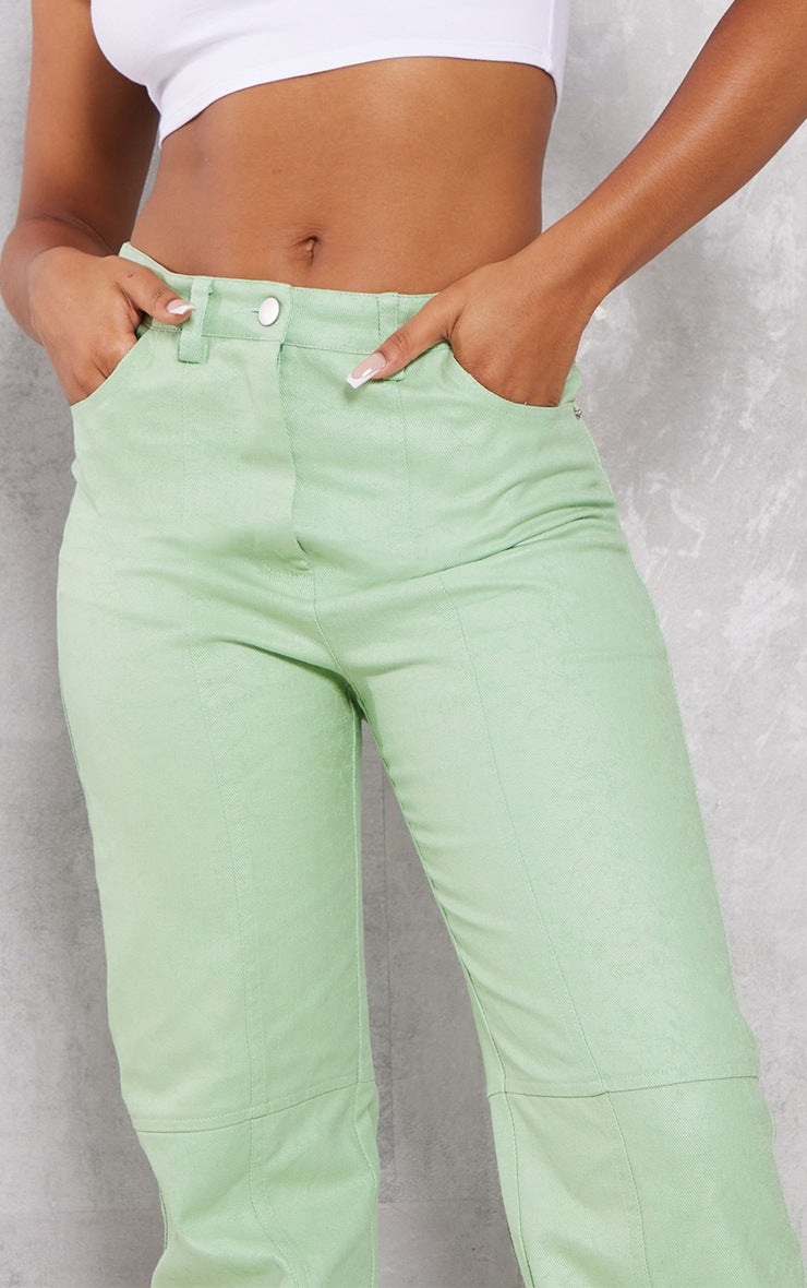 GREEN WAXED DENIM SEAM DETAIL STRAIGHT LEG JEANS