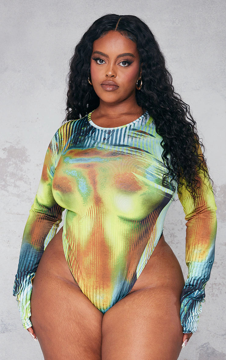 Plus Multi Body Print High Leg Bodysuit