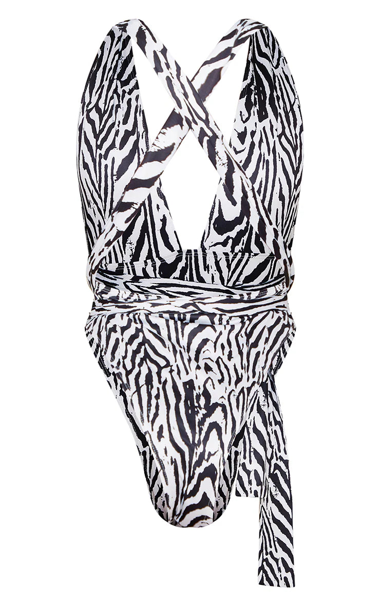 Monochrome Zebra Print Multiway Wrap Waist Plunge Swimsuit