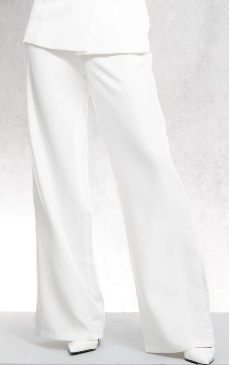 White Woven High Waisted Tailored Wide Leg Trousers