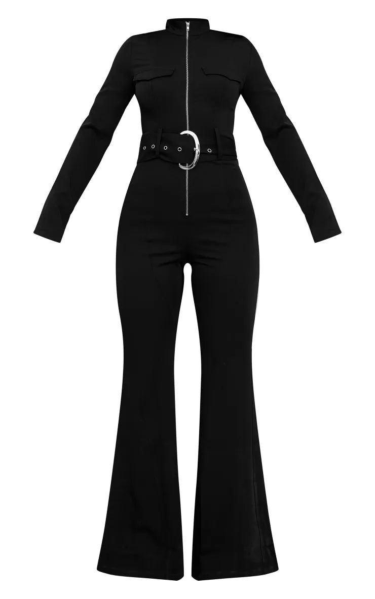 Black Zip Up Belted Tailored Cargo Jumpsuit