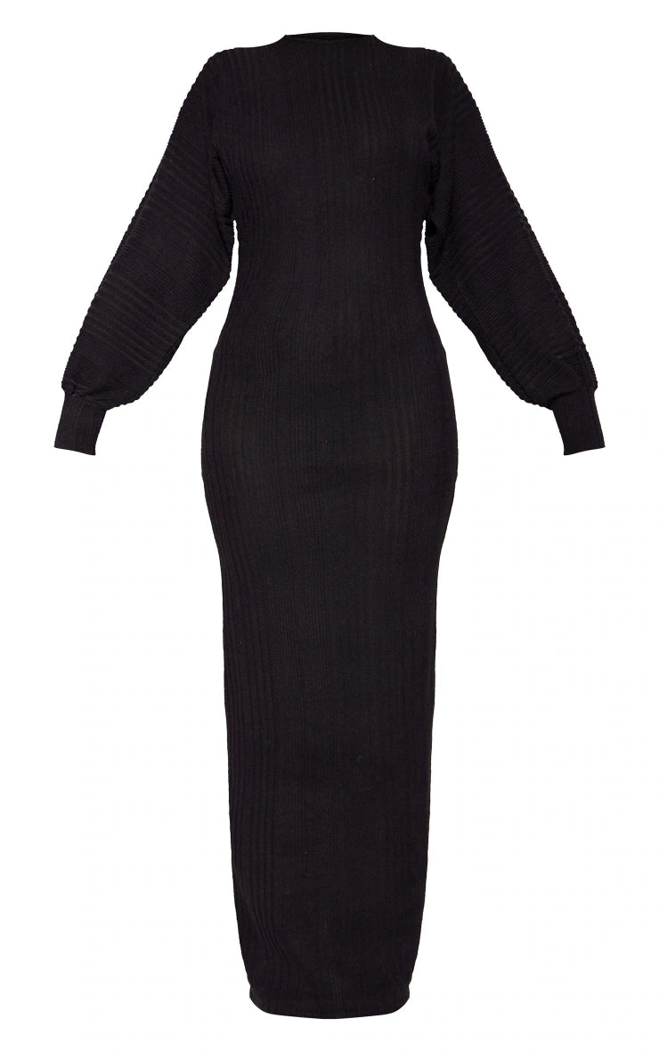 Black Brushed Rib Batwing Sleeve Maxi Dress