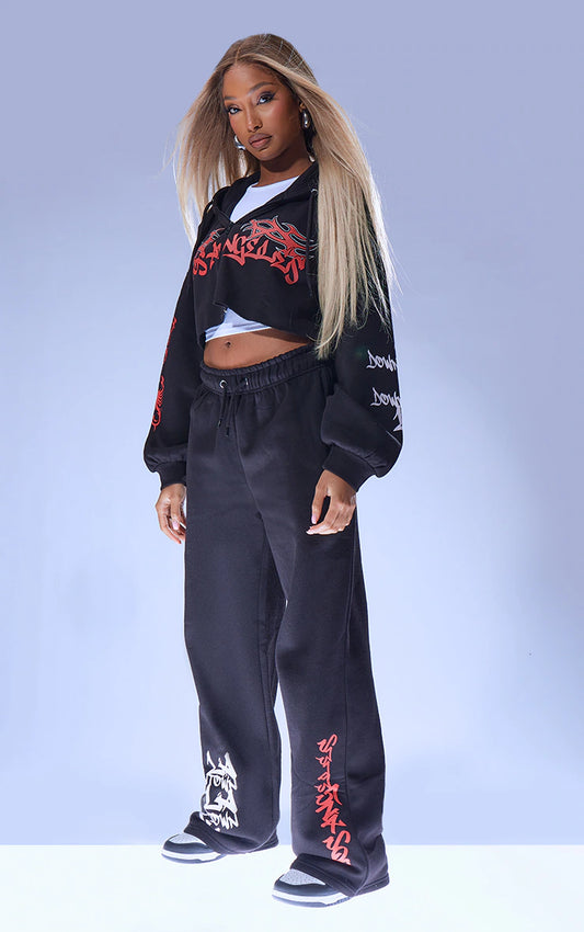 Black Graphic Oversized Los Angeles Cropped Zip Hoodie & Wide Leg Sweatpants SET