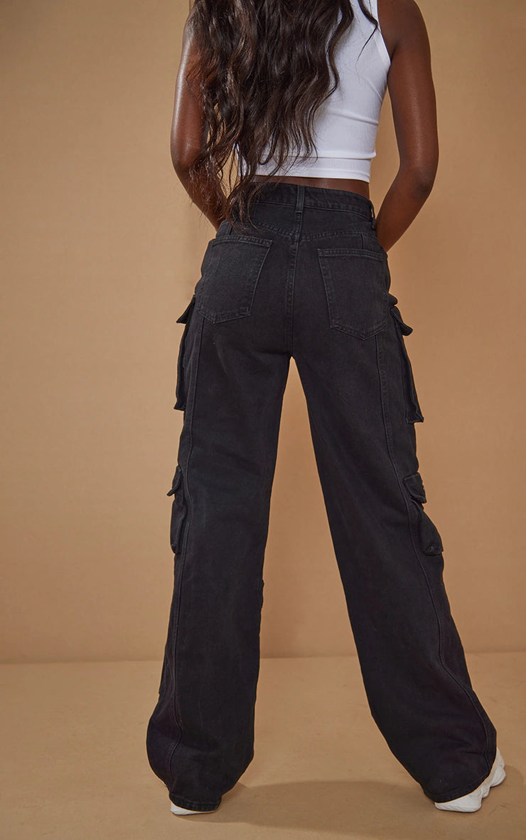 Tall Black Cargo Pocket Detail Mid Rise Wide Leg Jeans