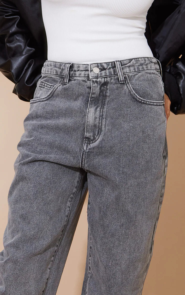 Washed Grey Dipped Back Waistband Boyfriend Jeans