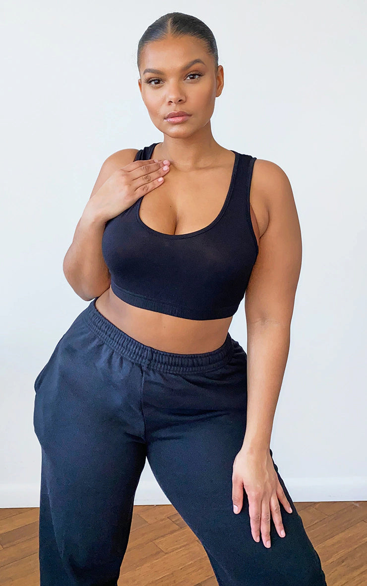 Plus Basic Black Sleeveless Elastic Hem Crop Top