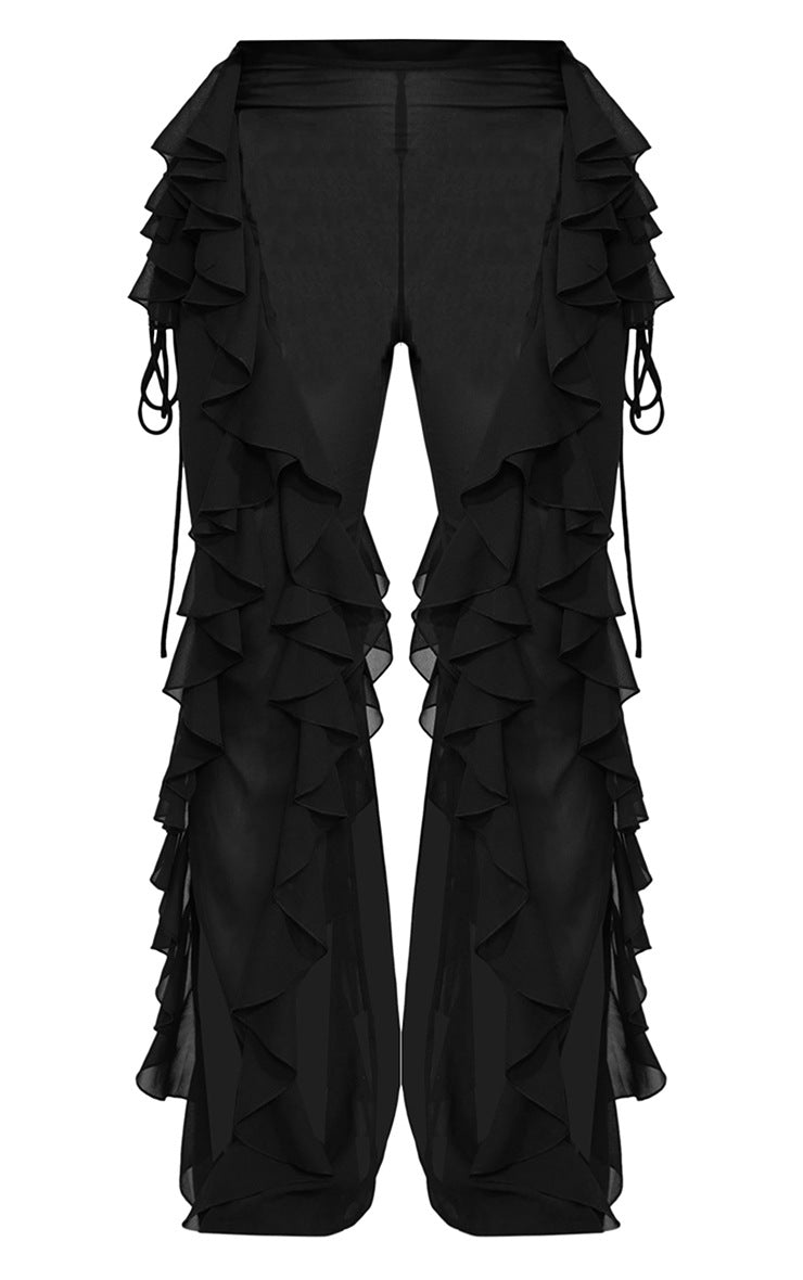 BLACK SHEER CHIFFON TIERED RUFFLE FLARED PANTS