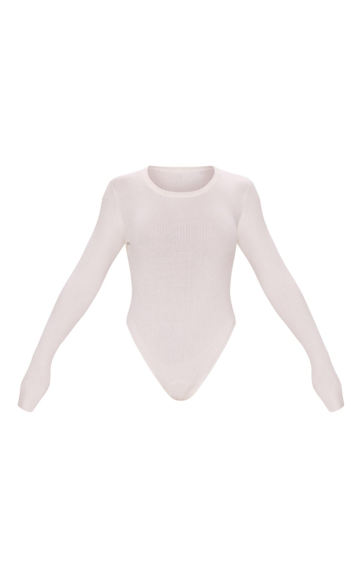 Cream Ribbed Knit Long Sleeve Bodysuit