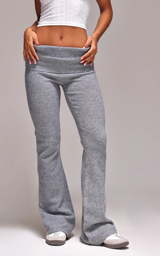 Ash Grey Melange Soft Knit Foldover Waist Flared Pants