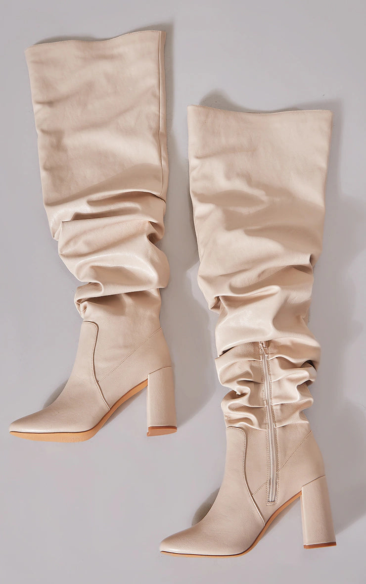 Cream Matte Pu Round Toe Ruched Over The Knee Block Heeled Boots