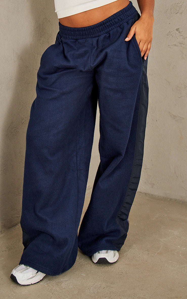 Navy Fleece Contrast Mid Rise Wide Leg Sweatpants