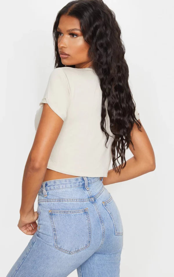 Basic Stone Roll Sleeve Crop T Shirt