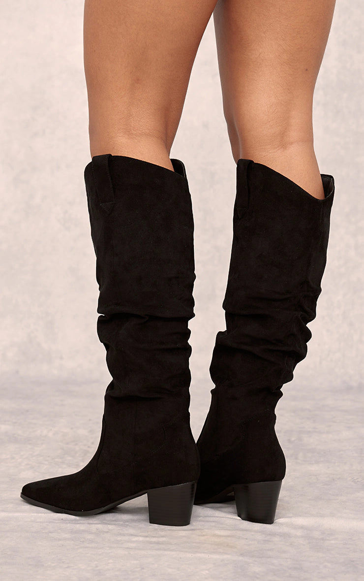 BLACK FAUX SUEDE POINT TOE RUCHED KNEE HIGH HEELED WESTERN BOOTS