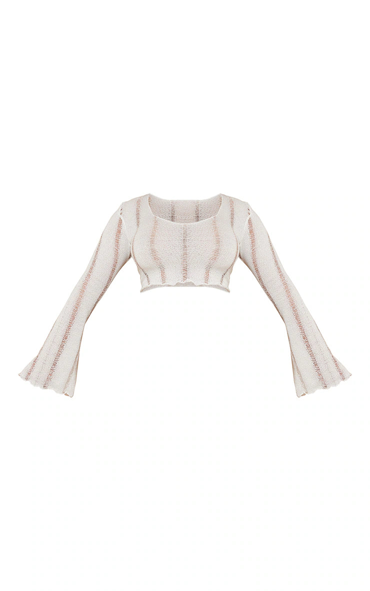 Shape Cream Ladder Detail Knit Flare Sleeve Crop Top