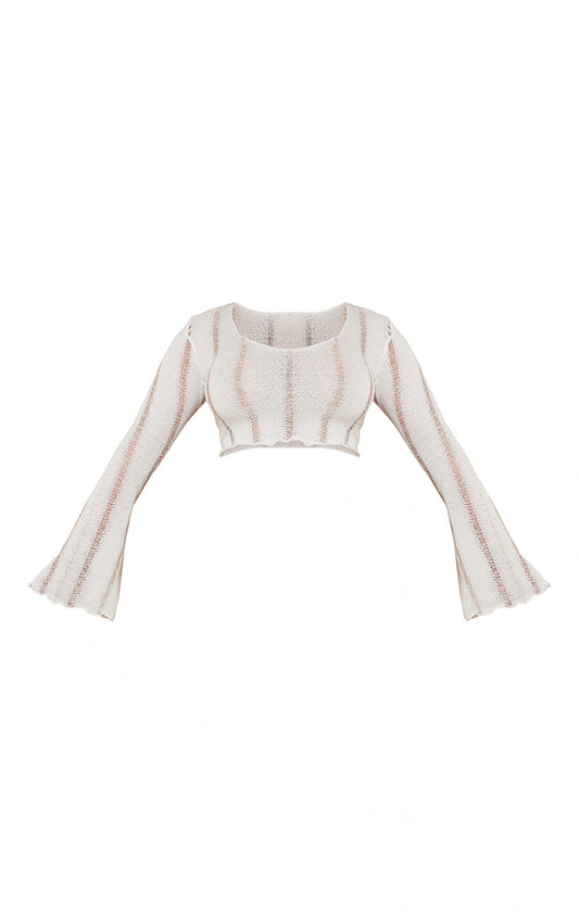 Shape Cream Ladder Detail Knit Flare Sleeve Crop Top