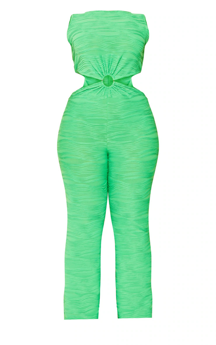 Plus Bright Green Textured Ring Detail Jumpsuit