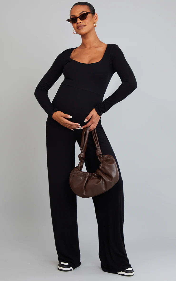 Maternity Black Long Sleeved Soft Rib Jumpsuit