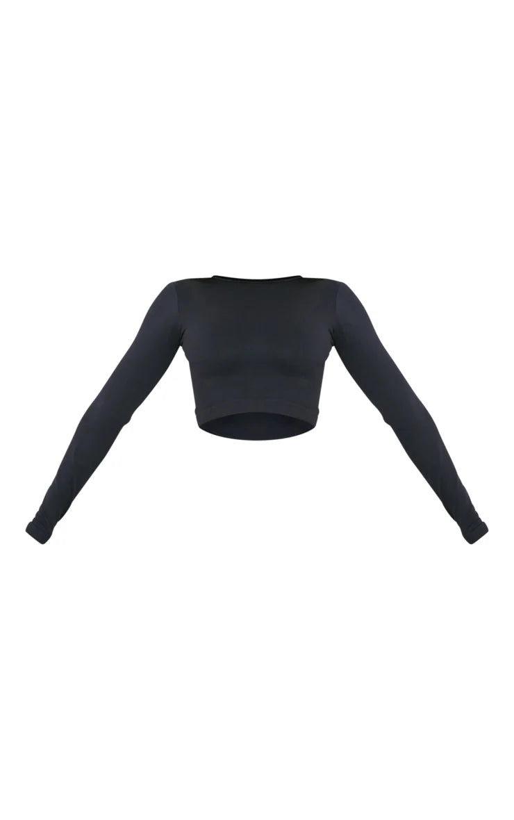 BLACK SEAMLESS LONG SLEEVE CROPPED GYM TOP