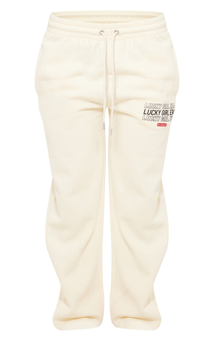 Cream Oversized Lucky Girl Era Print Cuffed Sweatpants