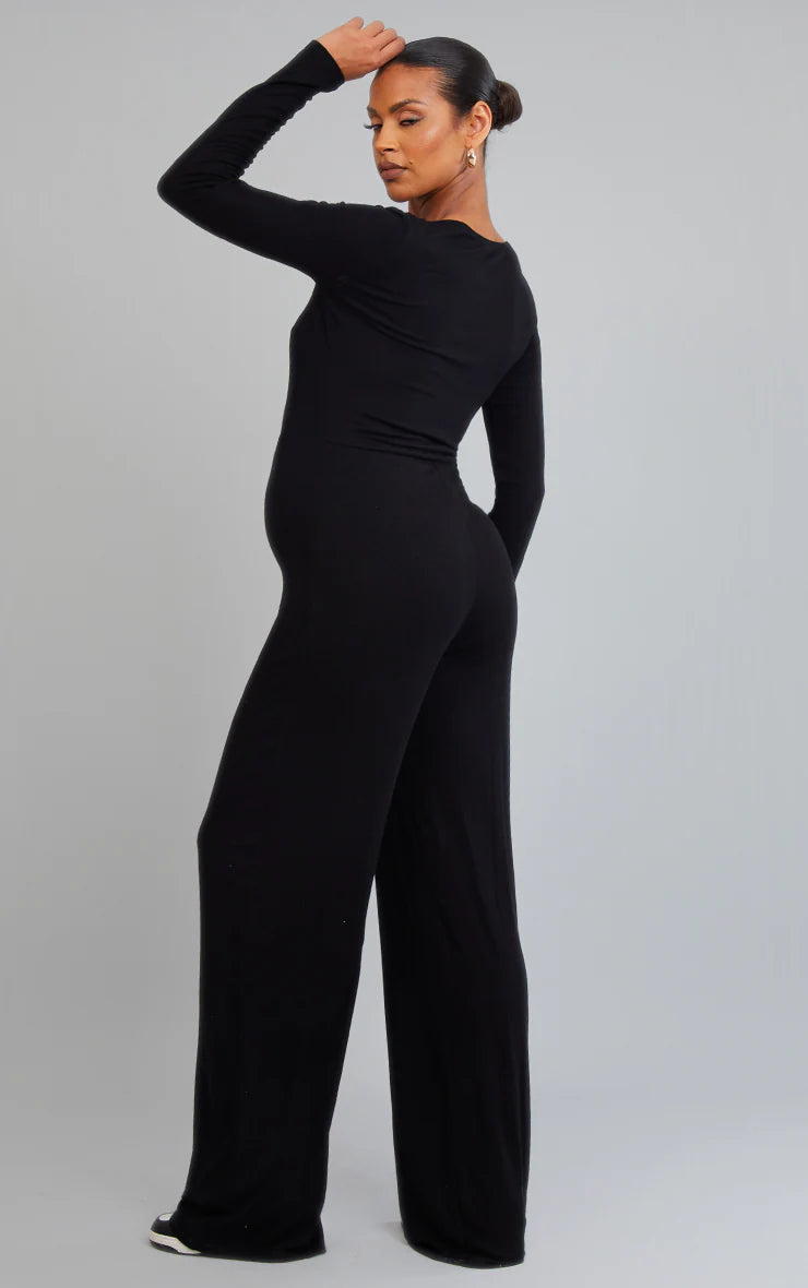 Maternity Black Long Sleeved Soft Rib Jumpsuit