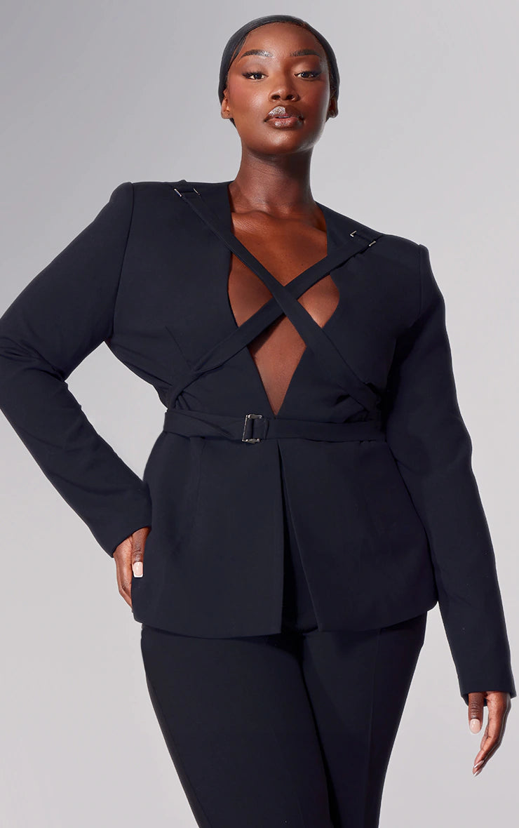 LABEL PLUS BLACK STRAP DETAIL CROSS OVER FITTED BLAZER