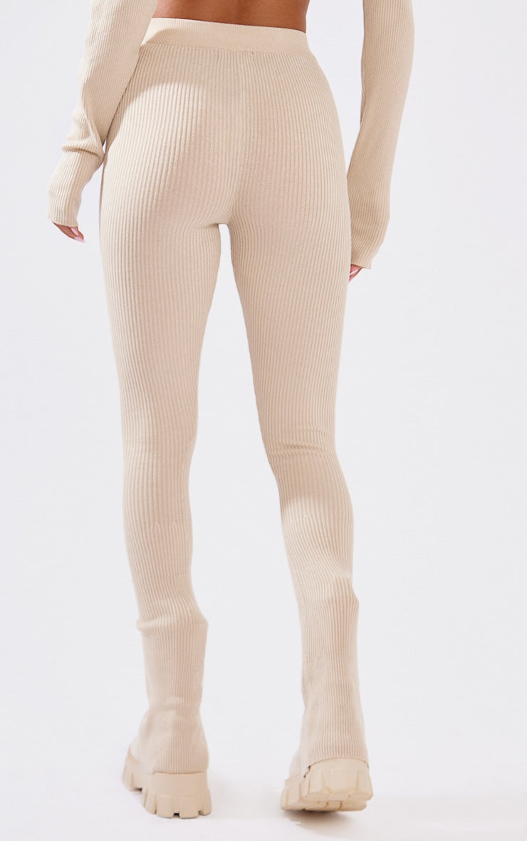 Oatmeal Knitted Split Hem Flare Pants