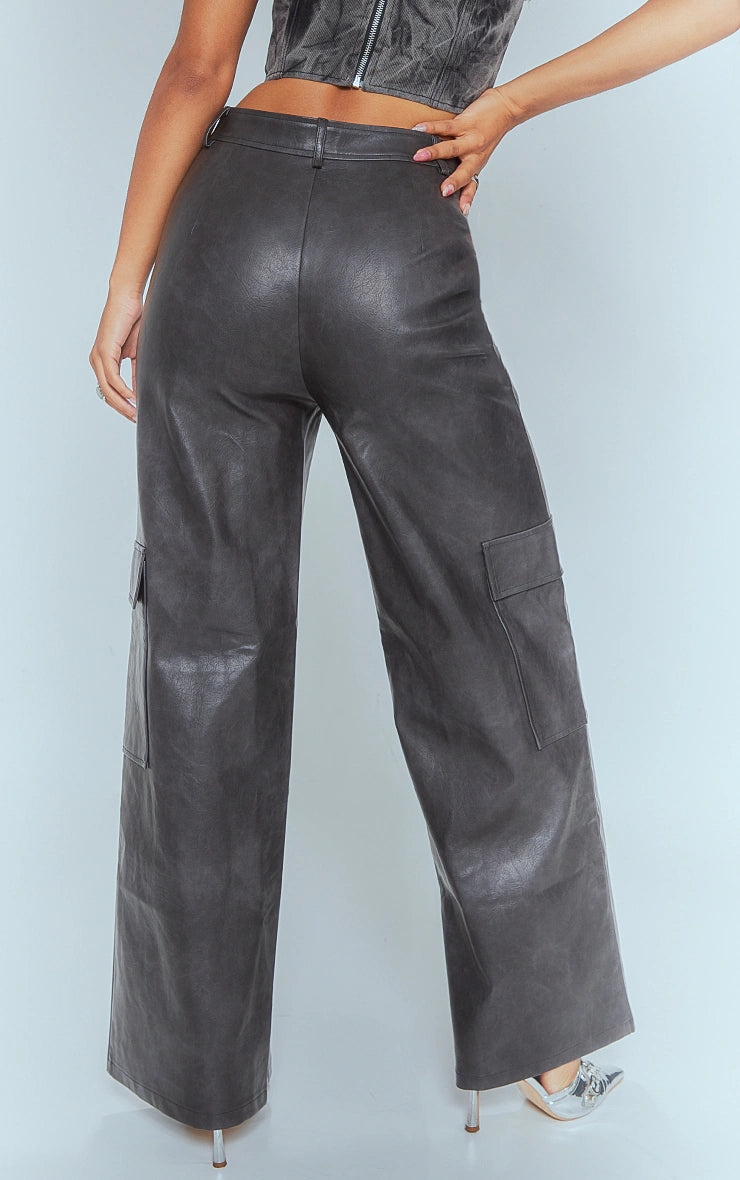 WASHED BLACK FAUX LEATHER POCKET WIDE LEG CARGO PANTS