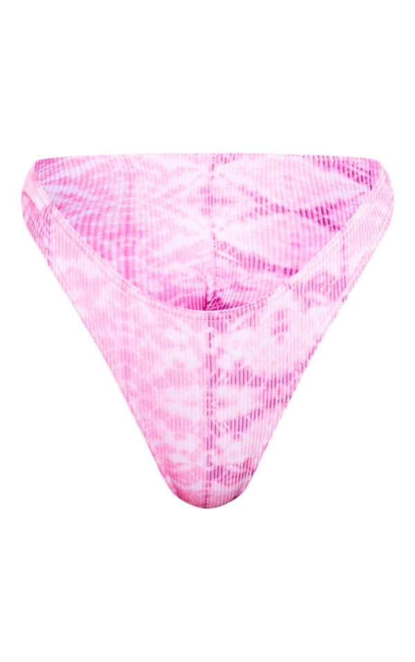 Pink Ribbed Tie Dye High Leg Bikini Bottom