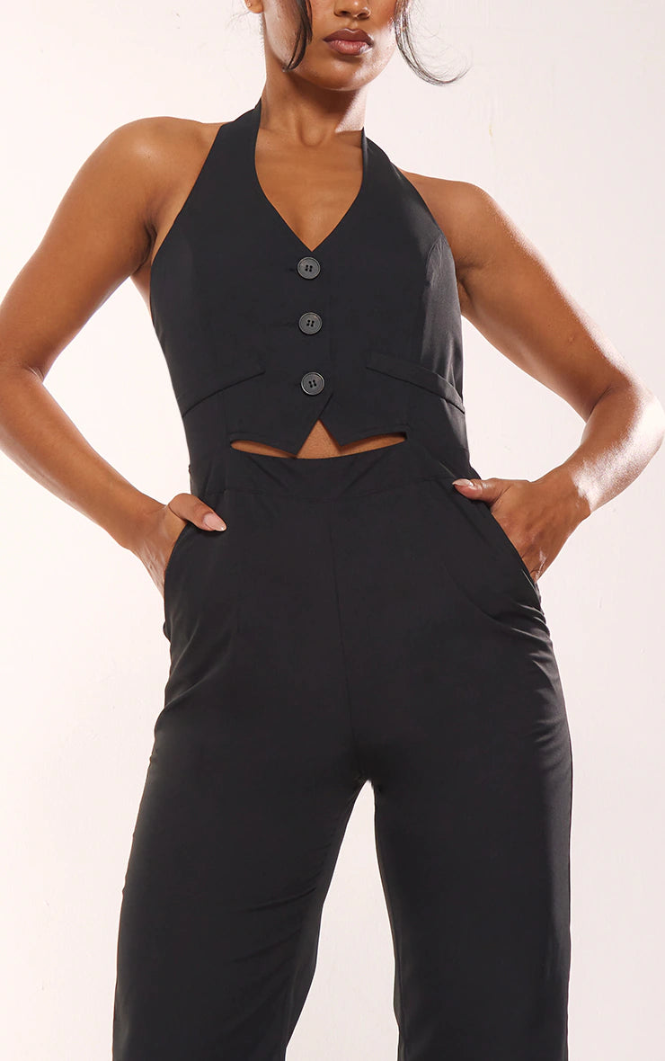 BLACK HALTERNECK TAILORED VEST JUMPSUIT