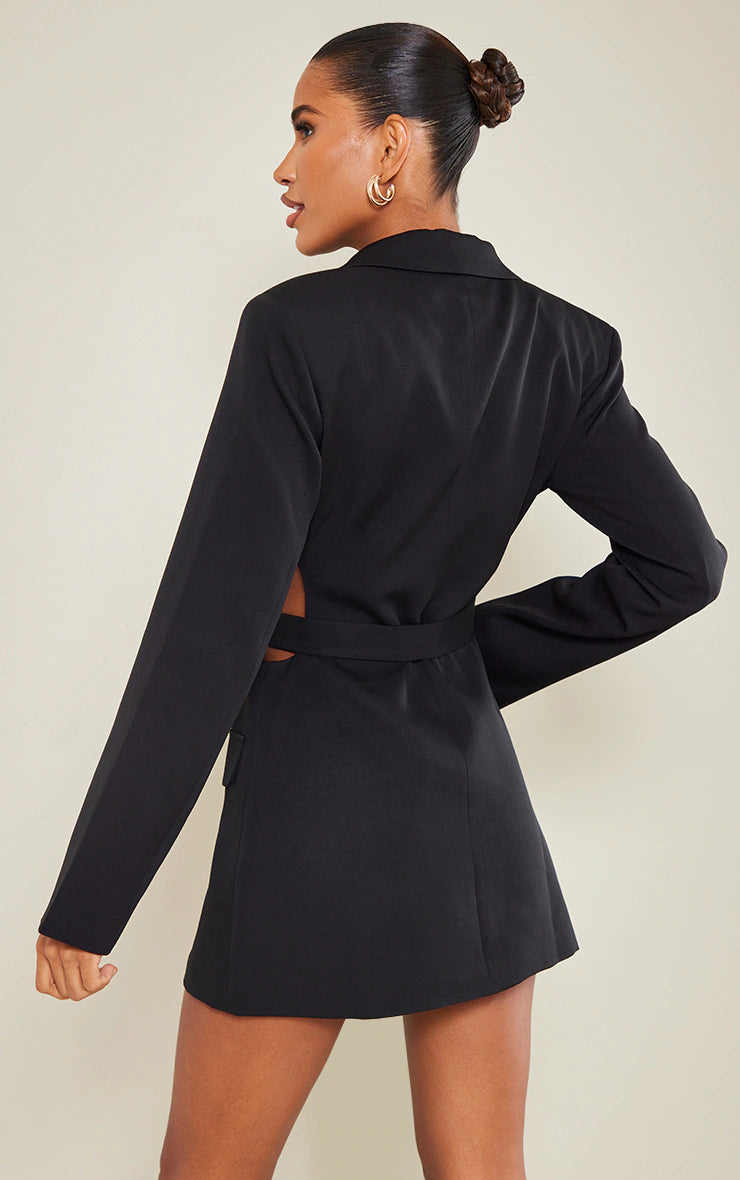 BLACK PLUNGE SIDE CUT OUT TIE DETAIL BLAZER DRESS