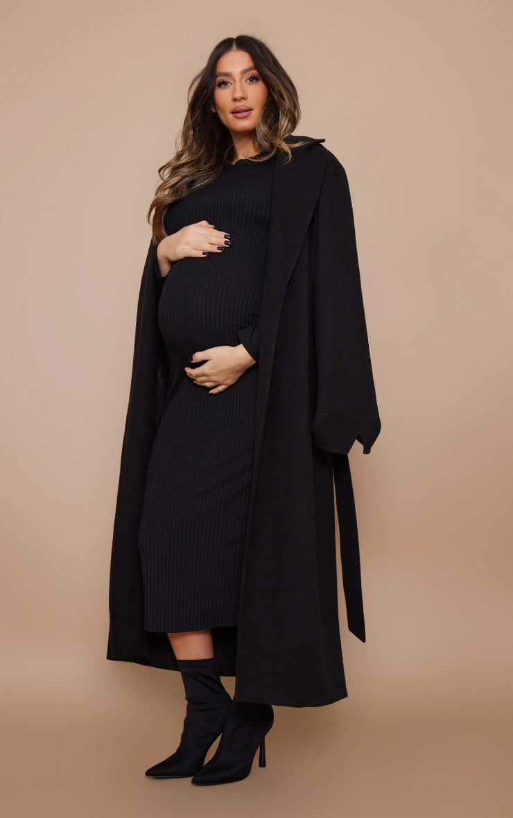 Maternity Black Ribbed Long Sleeve Midi Dress