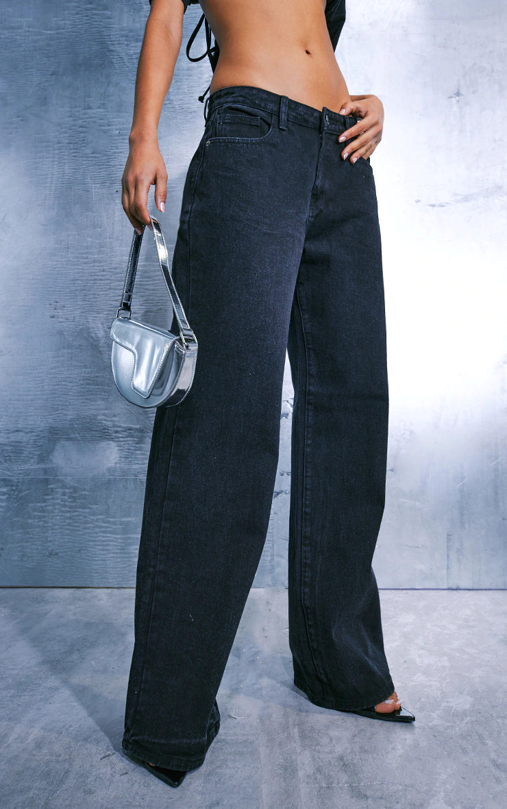 WASHED BLACK LOW RISE WIDE LEG JEAN