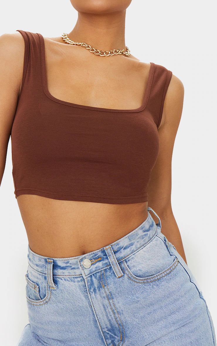 Basic Chocolate Jersey Square Neck Crop Vest