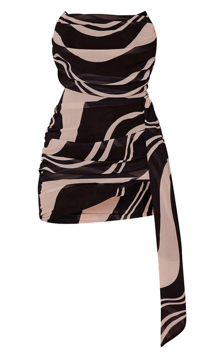 Black Swirl Print Draped Chiffon Bandeau Bodycon Dress