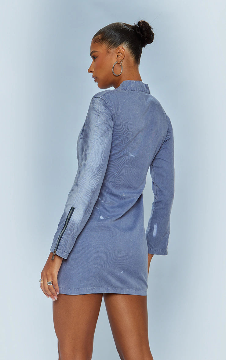 Blue Acid Wash Zip Up Long Bodycon Dress