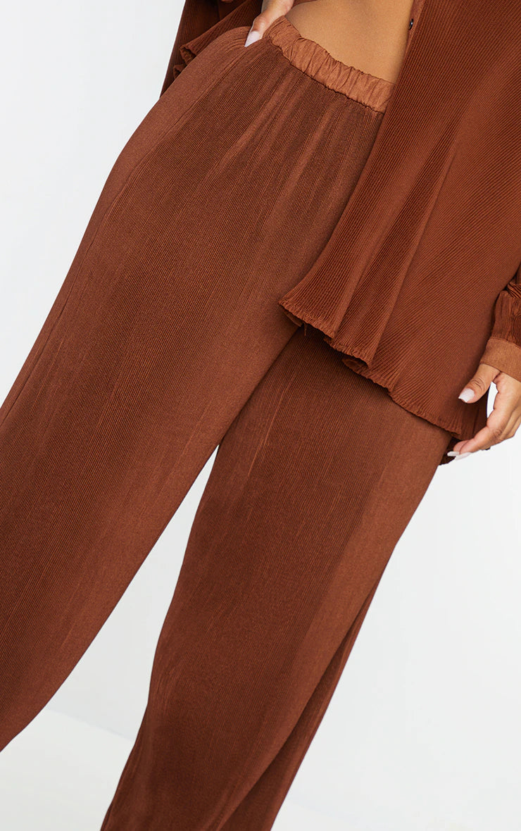 PLUS CHOCOLATE PLISSE HIGH WAISTED WIDE LEG PANTS