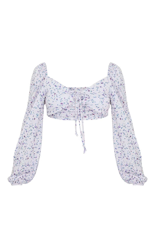 White Ditsy Floral Print Tie Front Balloon Long Sleeve Crop Top