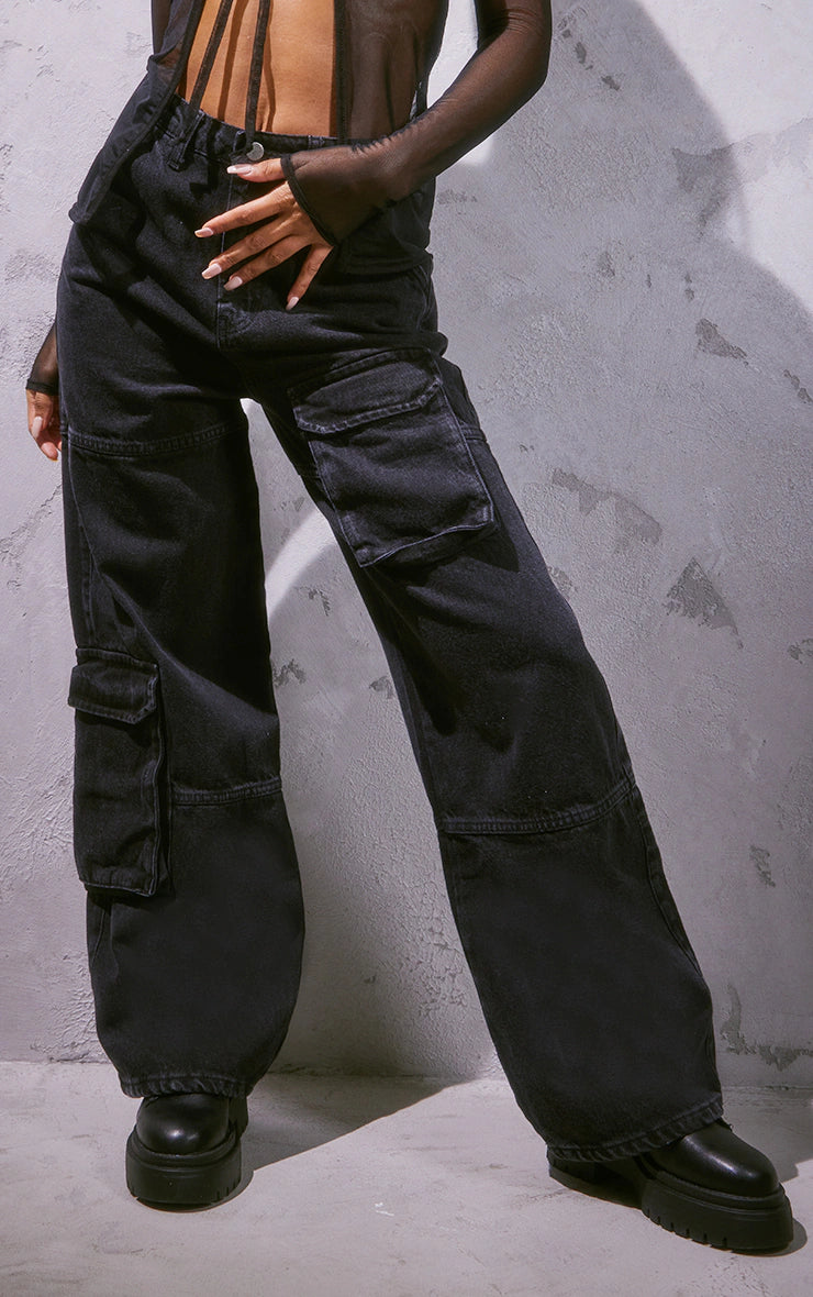 Black Cargo Pocket Wide Leg Jeans