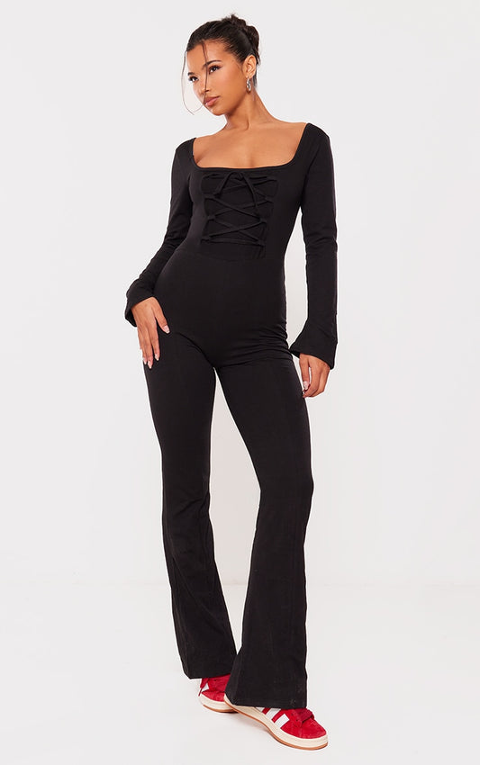 BLACK COTTON DETAIL FLARE LEG JUMPSUIT