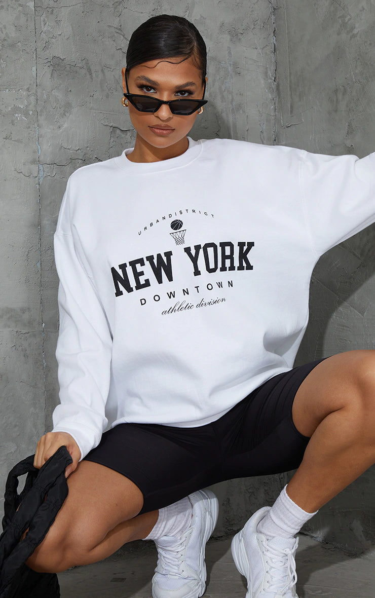 White New York Downtown Slogan Printed Sweatshirt