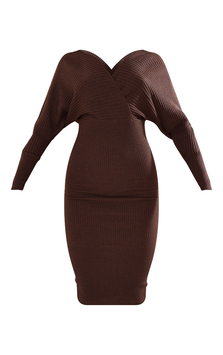 CHOCOLATE WRAP OFF THE SHOULDER JUMPER DRESS