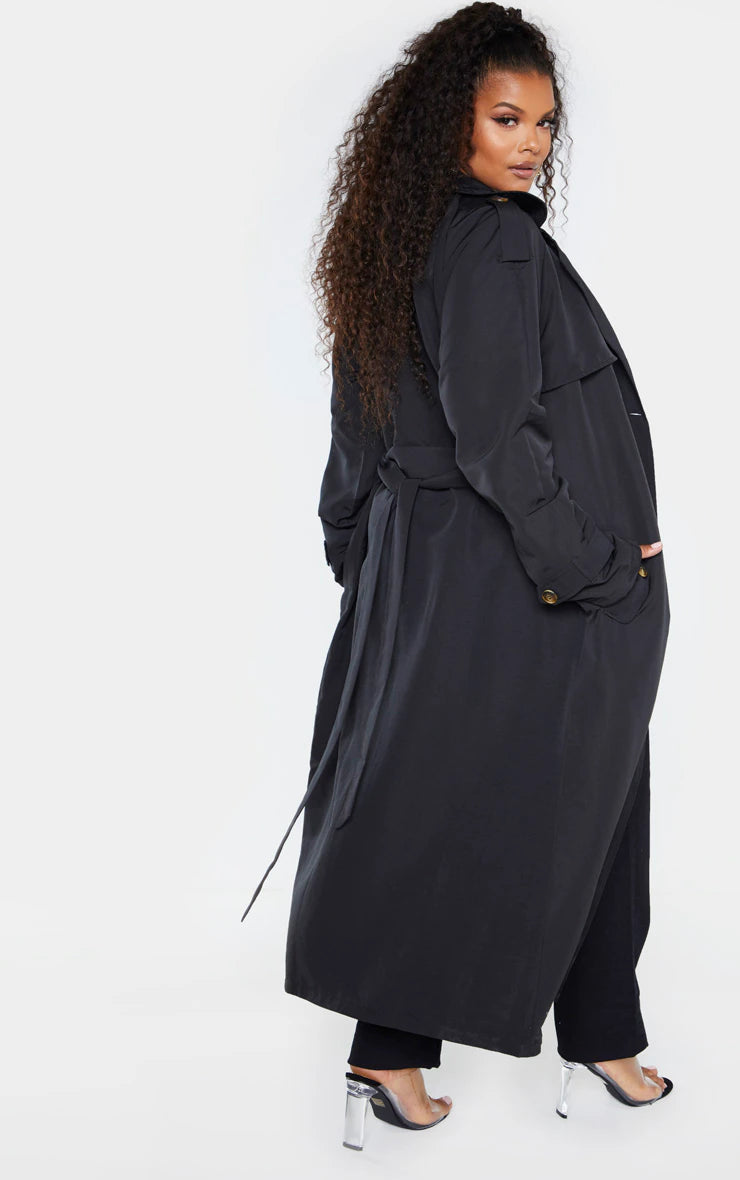 Plus Black Oversized Button Down Trench Coat