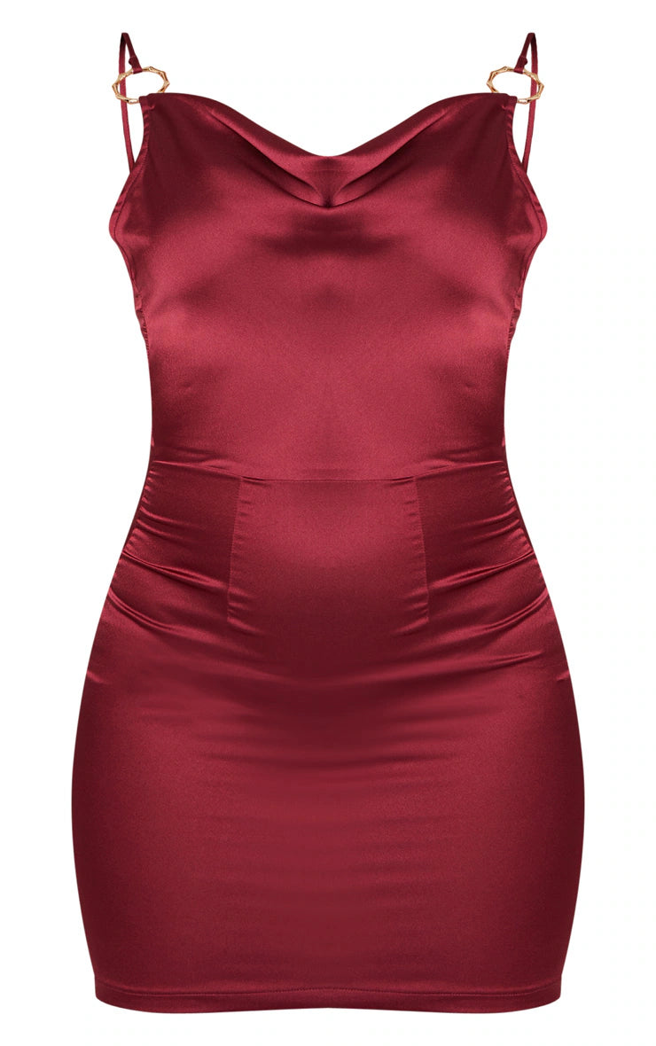 Burgundy Satin Cowl Neck Ring Detail Bodycon Dress