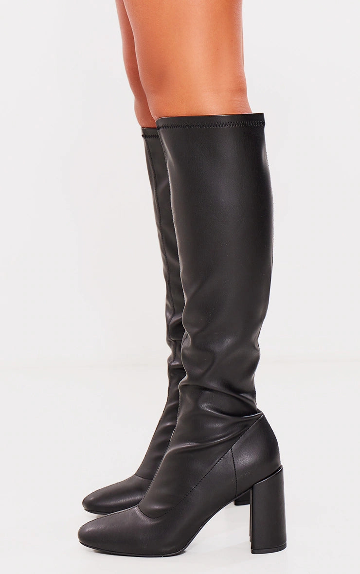 Black PU Round Toe Knee High Block Heeled Sock Boots