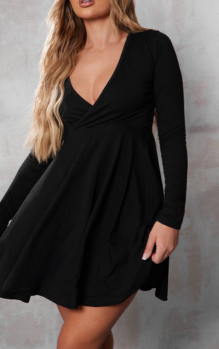 Black Cotton Wrap Long Sleeve Skater Dress