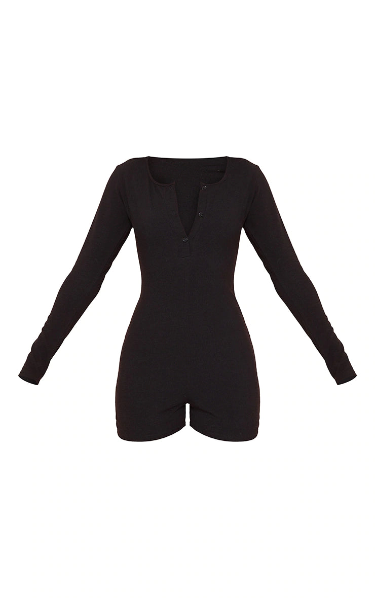 Black Soft Rib Long Sleeve Button Romper