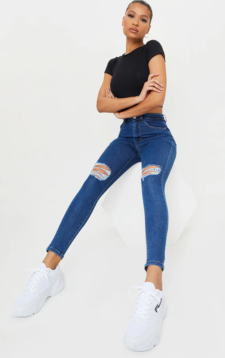 MID BLUE WASH KNEE RIP 5 POCKET SKINNY JEANS