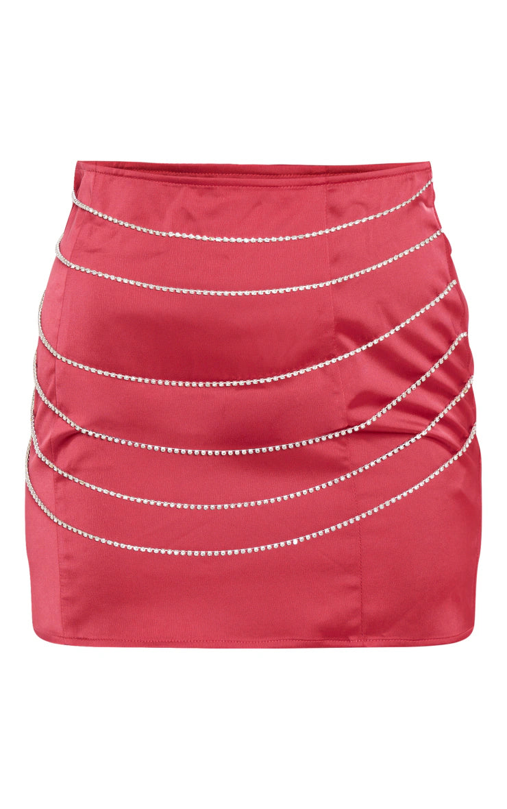 Red Satin Mini Skirt With Diamante Trims